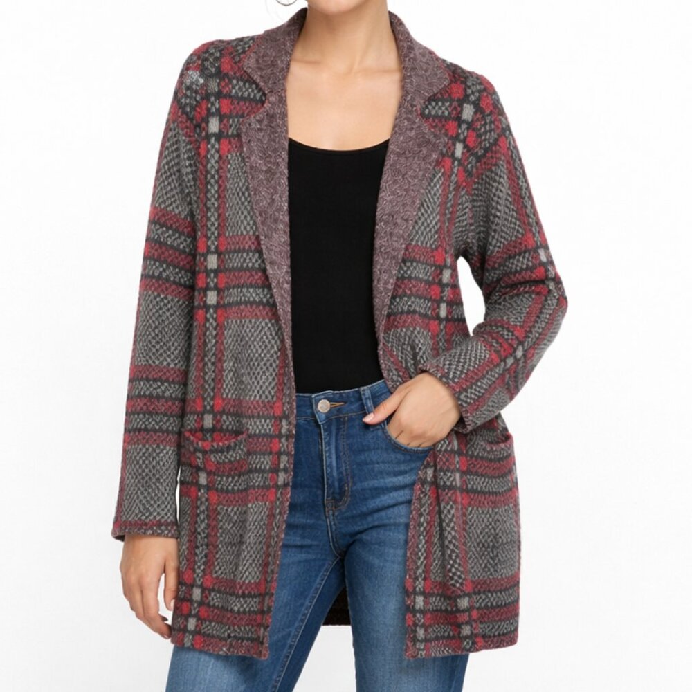 Joseph A Plaid Open Front Cardigan L Gray Red Knit Cozy Layering Preppy Boho